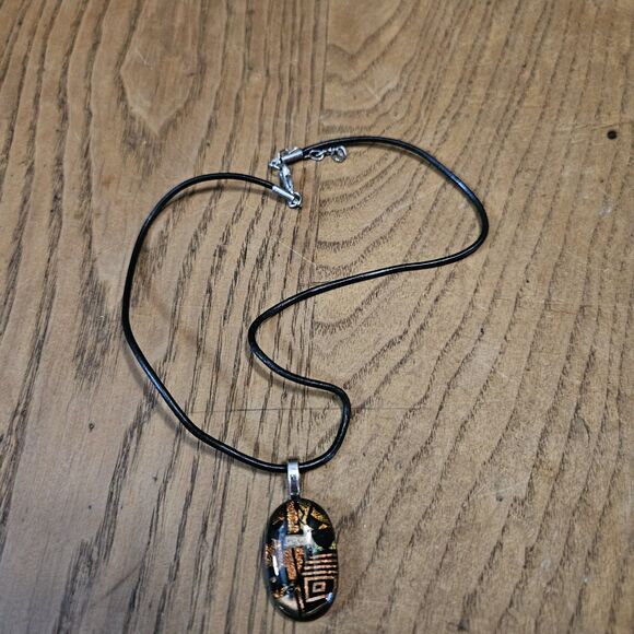 Women's Art Fused Black Glass Necklace With Gold Black String Silver Clasp Boho - Picture 2 of 10